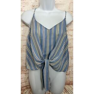 Lush V-Neck Crop Blouse Sz Small Sleeveless Front Tie Blue Striped Top